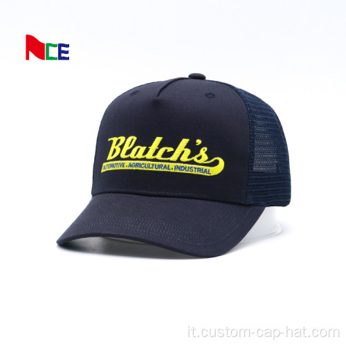 Logo di ricamo giallo Navy Blue Mesh Trucker Hat